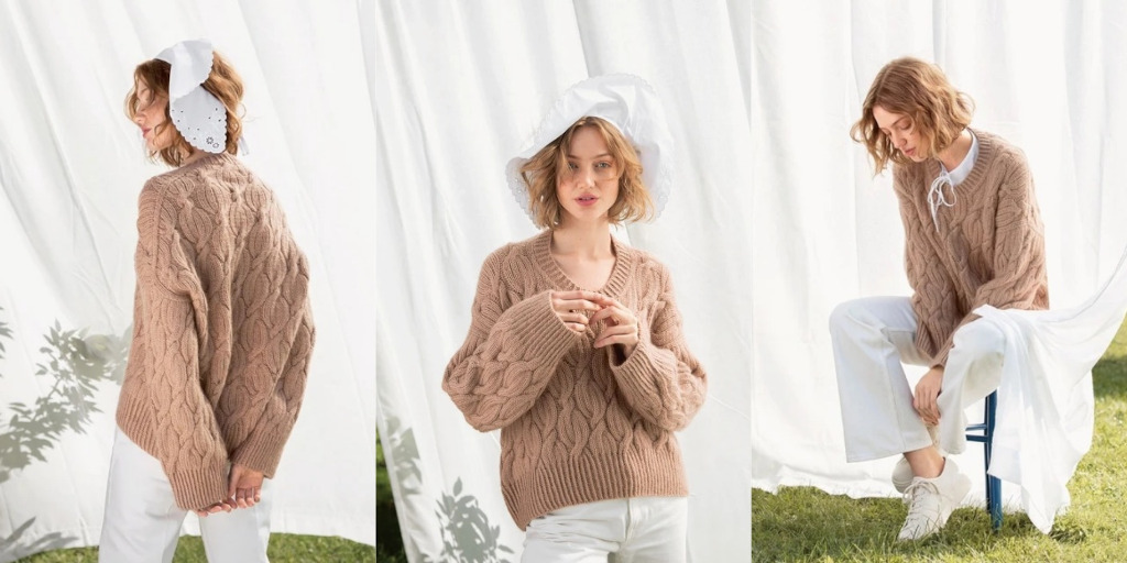 [Вяжи.ру] Женский пуловер с косами глубоким вырезо_0.jpg